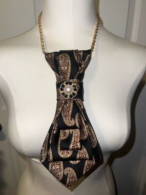 Vintage-Inspired Black & Gold Paisley Statement Tie Necklace